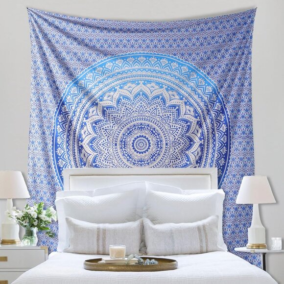 Aqua Blue Cotton Tapestry Mandala Wall Hanging – Tapestry for Bedroom – Boho Roo - Picture 3 of 6